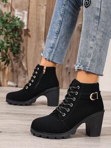 女士时尚摩托车踝靴或机车靴，舒适的户外活动踝靴 - 黑色 - 查看 7