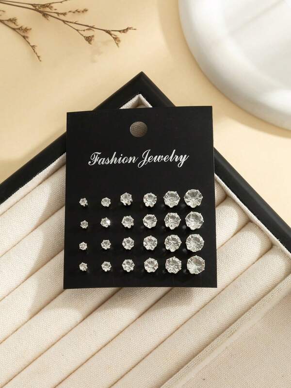 24pcs Fashionable New Cubic Zirconia Stud Earrings Set, Gold & Silver Claw Design, Luxury Earring Combo