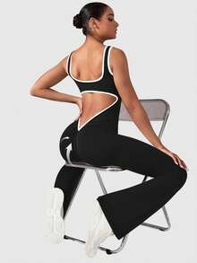 VVX Womens Flare Jumpsuits One Piece Seamless Butt Scrunch Workout Romper Square Neck Backless Wide Leg Unitard Fall Women Outfits - Độ tương phản đen trắng - Xem 2