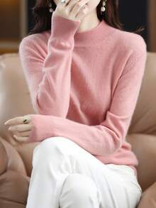 Sweater Wanita 100% Wol Merino, Lembut & Hangat, Pullover Kerah Tinggi, Musim Gugur/Musim Dingin, Desain Satu Potong Tanpa Jahitan - Berwarna merah muda - View 7
