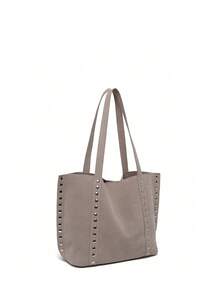 Black High Capacity Commuter Handbag, Women's Fashion Rivet Decor Shoulder Bag Unique Element Elegant Suede Design Handbag, Suitable For Dates, Daily, Shopping, Beach Vacation And Various Occasions (With Small Pouch Included) - Grey - View 7