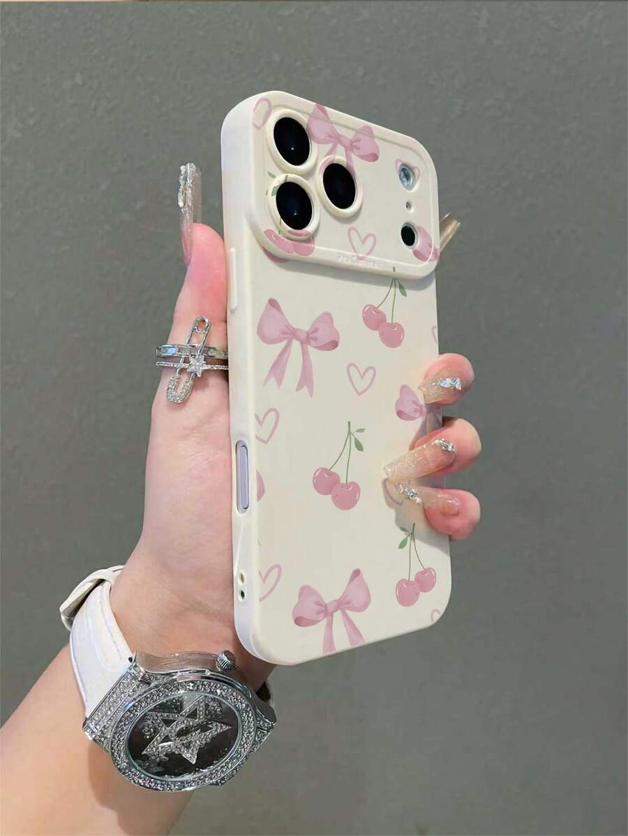 1 件优雅公主风格粉色蝴蝶结、樱桃、心形印花米色手机壳，米色直边防滑手机壳，兼容 11 12 13 14 15 16 系列可爱手机壳，兼容三星 S20/S21/S22/S23/S24/S25 Plus Ultra FE 手机壳舒适柔软保护套，兼容 17 Air 17 Pro 17 Pro Max 手机壳简约手机保护套 - 米色 - 查看 1