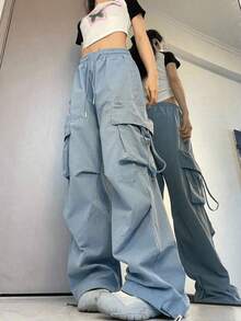 Pantalones Cargo para mujer ropa de calle de cintura alta chándal holgados con cordón y bolsillos grandes de informales - Azul - Ver 3