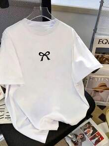 100% single-sided pure cotton, autumn and winter women's T-shirt, casual and fashionable, moisture wicking, printed with bow print, machine washable, Y2K millennium style cotton T-shirt, graphic round neck, comfortable fabric, fashionable design for sports occasions - Blanco - Ver 1