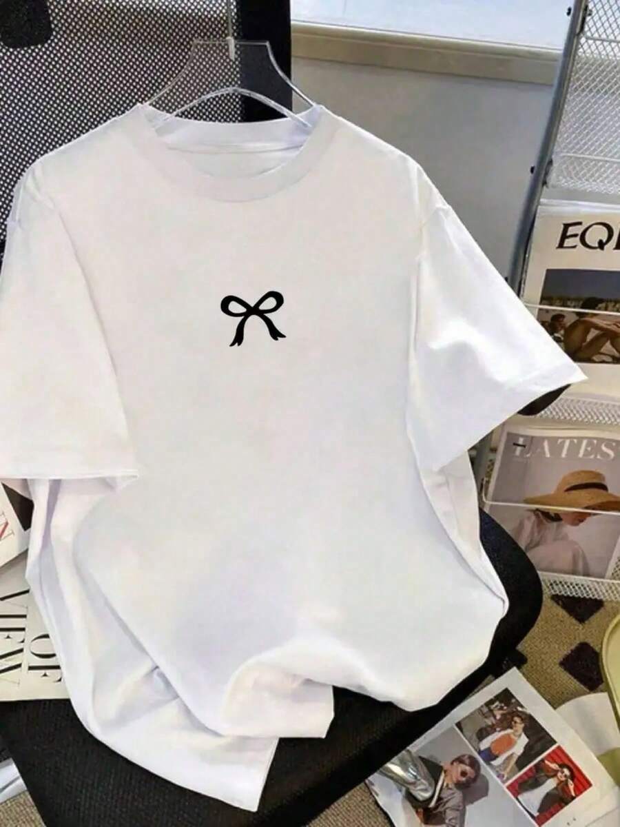 100% single-sided pure cotton, autumn and winter women's T-shirt, casual and fashionable, moisture wicking, printed with bow print, machine washable, Y2K millennium style cotton T-shirt, graphic round neck, comfortable fabric, fashionable design for sports occasions - Blanco - Ver 1