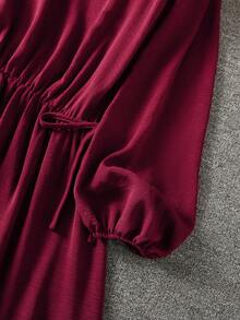 Women's Solid Tie Waist Ruffle Maxi Dress, Round Neck Button Long Sleeve Slim Fit, For Date, Vacation, Holiday, Home, Fall Winter Spring - Burgundy - View 8