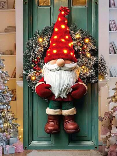 1pc Christmas Santa Claus Polyester Fiber Wreath Hanging Decoration, 70.87*35.43inch, No Power Needed, Christmas & Winter Party Holiday Wall Decor Door Curtain