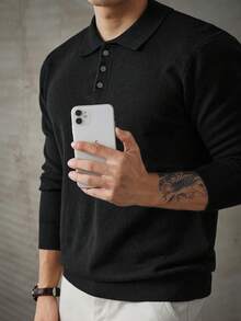 Men's Casual Fashionable Versatile Solid Color Knit Polo Cardigan, For Fall Winter