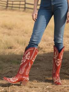 Vintage Cowgirl Ridding Boots Embroidery Chunky Heel Western Boots Mid Calf Retro Dress Bridal Shoes For Women Wedding Day Gift - 酒紅色 - 查看 5