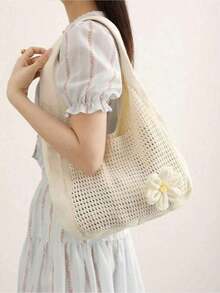 Women's Hollow-Out Floral Straw Bag, Suitable For Teenagers, Women, And College Students. It Is The Perfect Choice For University, Outdoor, Travel, Excursion, And Vacation. It Is A Fashionable Summer Vacation Bag, A Must-Have For Women's Summer Straw Beach Bag, And A Perfect Match With Women's Beach Accessories. It Is The Most Popular Beach Bag, A Fashionable Summer Vacation Bag, A Must-Have For Women's Beach, The Latest Vacation Bag, And A Must-Have For Vacation. - 白色 - 查看 5