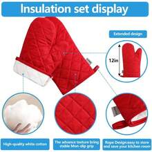 Juego de 4 manoplas de horno y soportes para ollas, alta resistencia al calor, 500 grados, grueso, largo, de algodn para cocina, para cocinar 12 pulgadas, rojo - Algodón-rojo - Ver 3