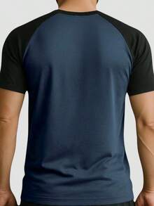 Men's Raglan Dry Fit Gym Fitness Two-Color Workout T-Shirt - Navy Blue/Black - View 2