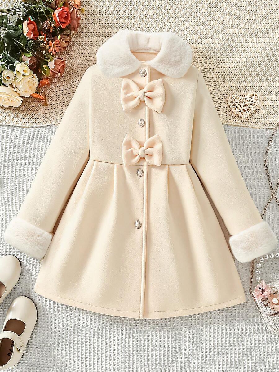 1 pieza Abrigo con cuello de lazo decorado con perlas falsas y puños de peluche para niñas, lindo y elegante, adecuado para otoño/invierno