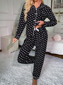 Conjunto de pijama de manga larga con estampado de lunares, ropa de otoño e invierno para mujer