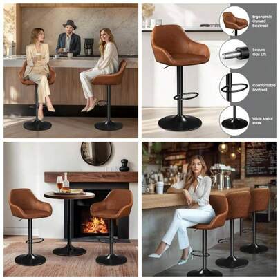 Bar Stools Set Of 2, Height Adjustable Swivel Barstools, PU Leather Upholstered Bar Chair With Backrest, Armrests And Footrest Home Kitchen,