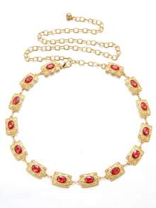 1pc Vintage Women's Crystal Decor Waist Chain, Red Metal Chain Bohemian Agate Crystal Belt, Suitable For Casual Wear, Wedding, Spring/Summer/Autumn/Winter, Campus, Autumn, Halloween