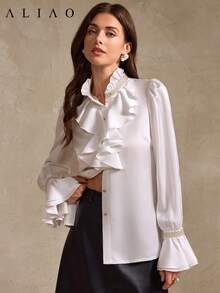 Aliao 华丽串珠荷叶边领缎面衬衫，端庄优雅，适合婚礼季、情人节、白色派对、老钱风格、宫廷风格、吸睛装扮、日常优雅、新年、春季上衣、派对上衣、度假装扮等场合，白色衬衫。 - 白色 - 查看 5