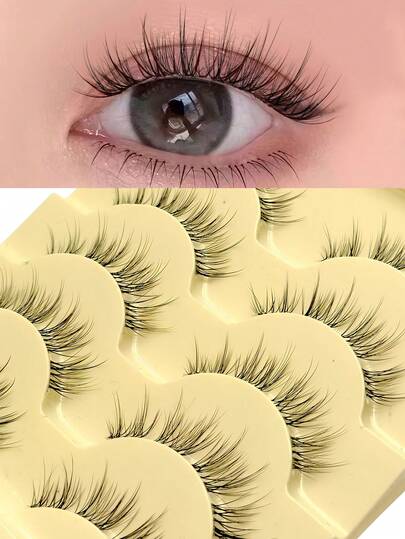 Asiteo 5 对 Manga 睫毛，自然纤长，3D 蓬松效果，凌乱纤细，柔软，短茎假睫毛，带透明带 - 可重复使用，用于日常化妆延长