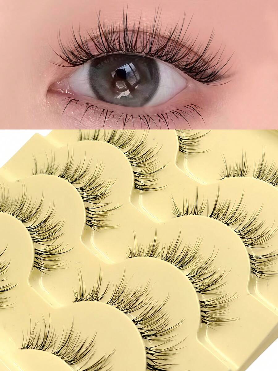 Asiteo 5 对 Manga 睫毛，自然纤长，3D 蓬松效果，凌乱纤细，柔软，短茎假睫毛，带透明带 - 可重复使用，用于日常化妆延长 - 自然纖長款 - 查看 1