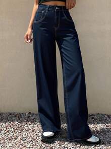 Livesso Plus Size Women Street Casual Loose Straight Leg Jeans, Tall Women - Dark Wash - View 8