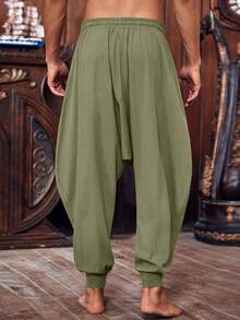 Runcati Men's Pirate Costume Trousers Medieval Viking Style Renaissance Inspired Baggy Harem Linen Pants For Halloween - 軍綠色 - 查看 3