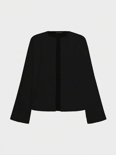 女士简约通勤日常复古宽松圆领长袖短款外套，秋冬黑色