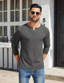 Mens Henley Shirts Cotton Long Sleeve Button Basic Tees Plain Casual Pullover - Màu Đỏ Sâu - Xem 4