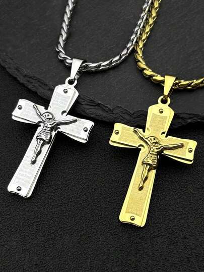 Pendentif en acier inoxydable de style catholique avec une croix de Jésus à double couche représentant la crucifixion, gravée avec des prières en espagnol, assorti à une chaîne cubaine en argent et or, bijou de mode de style religieux pour hommes et femmes