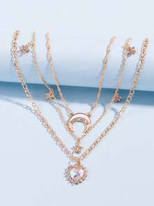 1pc Multilayer Crystal Heart & Moon Pendant Necklace For Women, Suitable For Daily, Date, Vacation, Wedding, Holiday Wear, Birthday, Mother's Day, Valentine's Day Gift