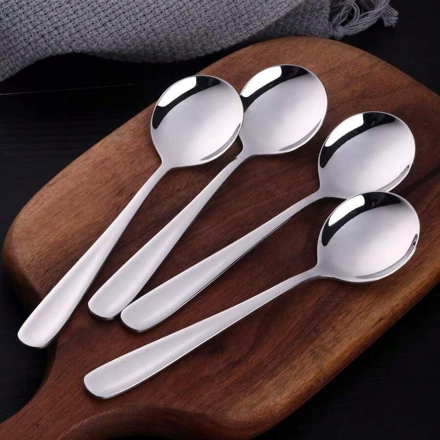 7-Inch Soup Spoons, Baikai Bouillon Spoon,18/10 Stainless Steel Finished Table Dinner Spoons Set Of 4 (Silver) - 銀色 - 查看 1