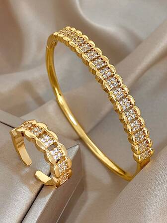 2 件/1 件奢华优雅 18K 镀金钻石切割闪亮波浪链手镯和戒指套装，适合女士、妈妈礼物、圣诞节、感恩节、万圣节、婚礼珠宝礼物、周年纪念日、情人节、波西米亚风珠宝日常派对