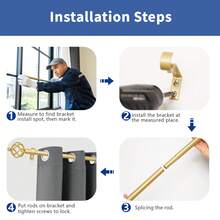 Barra de cortina extra larga, barra de cortina fina de metal para sala de estar, dormitorio, ventanas, 1 paquete de barras de cortina ajustables individuales de 3/4 de pulgada de diámetro con remates en espiral - Dorado - Ver 4