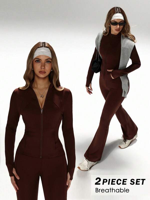 جاكيت مقفلة بياقة عالية، تصميم خصر ضيق، أساور مع فتحات للإبهام لمزيد من الدفء، سيلويت يطيل الساق، تصميم مجموعة متطابقة، مجموعة تمارين رياضية بياقة عالية مع فتحات للإبهام، مجموعة متطابقة مع تحكم في البطن، مجموعة ملابس رياضية مُلطفة للشكل، جاكيت مقفلة بياقة عالية وبنطلون رياضي عالي الخصر مجموعة من قطعتين للنساء