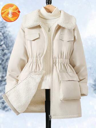 1pc Girls Thermal Jacket With Large Pockets And Zipper, Mid-Length Outerwear With Thermal Lining, Autumn/Winter
