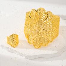 Set de joyería de 2 piezas de brazalete y anillo de color dorado para mujeres, material de cobre chapado en oro de 24K, de alta gama y festivo - Amarillo Oro - Ver 6