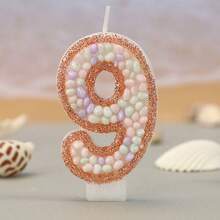 1支精美数字生日蜡烛，饰有彩色鹅卵石和马卡龙图案，0-9浅金色闪亮数字蜡烛，适合男孩和女孩 - 淡金色 - 查看 18