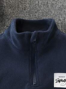 2pcs/Set Young Boy Casual Patch Design Cozy Fleece Splice Long Sleeve Half-Zip Collar Sweatshirt And Pants Set, Suitable For Casual, Sports, Daily Wear, School, Outdoor, Autumn/Winter - Navy Blue - View 3