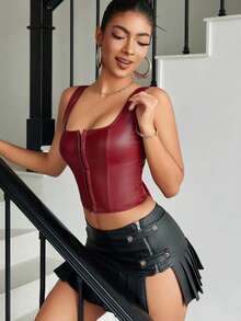 Apperloth A Áo corset da PU kiểu Y2K cho nữ, cổ vuông, ôm sát ngực, có gọng, định hình eo, móc cài phía trước, buộc dây phía sau, hở lưng, dây đeo rộng, kiểu croptop dễ thương, thoải mái mặc hàng ngày, dự tiệc âm nhạc, lễ hội, hòa nhạc đồng quê, đi chơi, tiệc tùng mùa hè. - Màu Đỏ Sâu - Xem 6