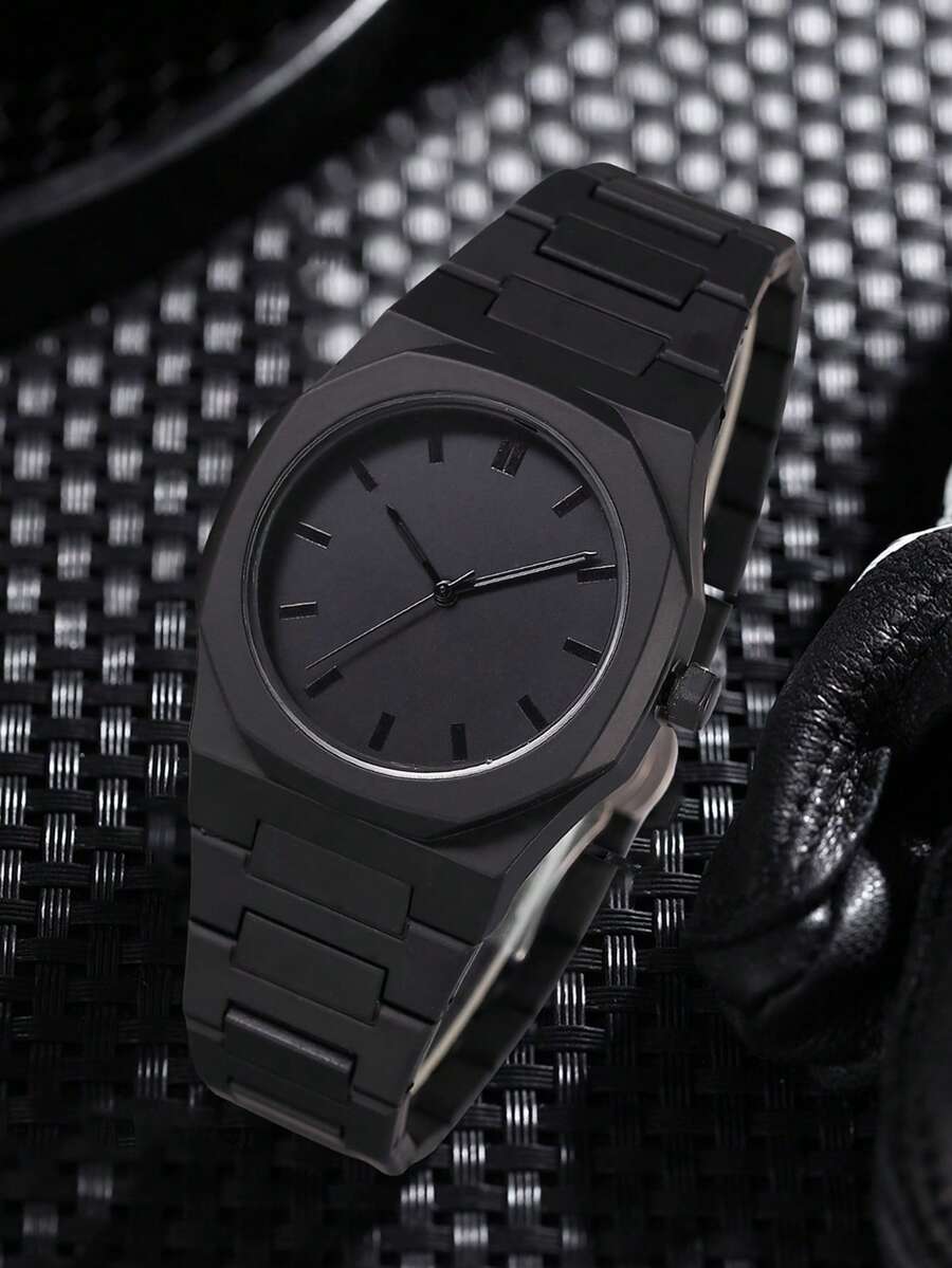 1Pc Men's Black Strap Fashionable Casual Personalized Graffiti Elements Simple Scale Dial Quartz Watch Suitable For Daily Wear Or Graduation Gifts - Black - View 1