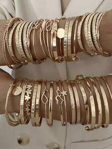 25pcs Exaggerated Fashion Geometric Round Disc Wide Bangle Set, Textured Pattern Multilayer Bracelet Suit, Suitable For Women Daily Wear, Dating, Party, Gift, Holiday - Yellow Gold - View 11