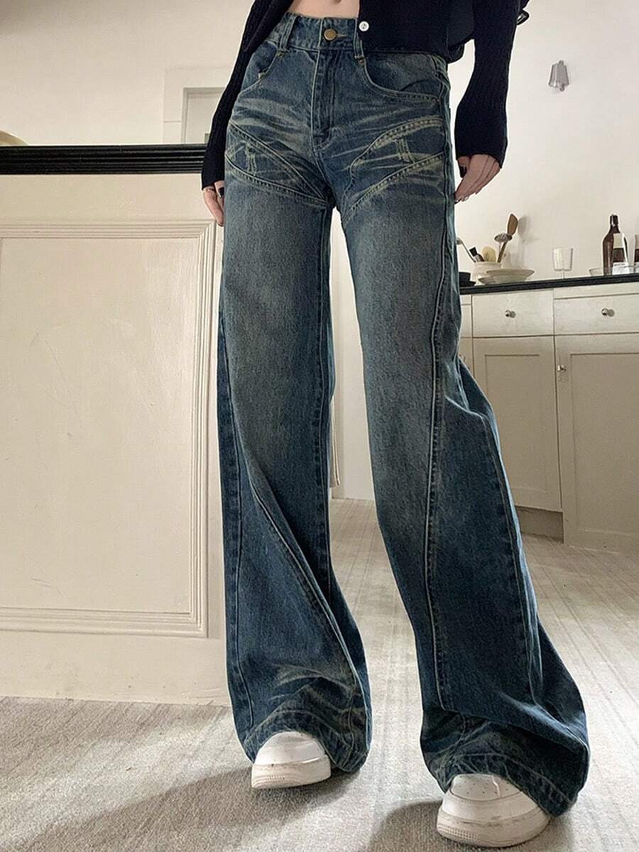 Pantalones vaqueros de las mujeres de diseño vintage sentido empalme micro bengala, versátil cintura baja chica caliente pantalones de arrastre delgado - Azul - Ver 1
