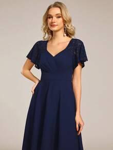 EVERPRETTY Elegant V-Neck Navy Blue Wedding Guest Dress, Bridesmaid Dress, Special Occasion Evening Dress With Lace Details, Women Winter Dress - Navy Blue - View 6