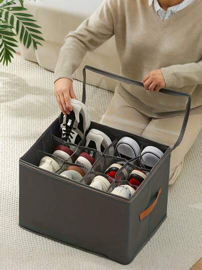 Foldable Fabric Shoe Box, Holds Up To 12 Or 16 Pairs Of Shoes, Large Capacity Fabric Shoe Box With Lid, Adjustable Dividers, Transparent Cover, Waterproof And Dustproof, Foldable Storage, Multi-Functional All-In-One Design, Suitable For Home, School, Dorm Closets, Dust And Moisture Proof, Machine Washable, Multi-Purpose