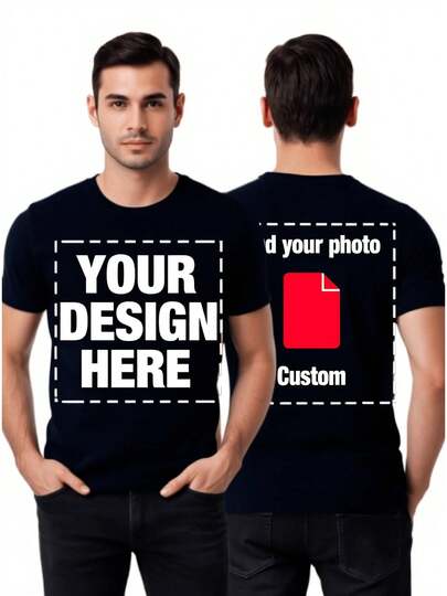 Customizable Men's Funny T - Shirt - Personalized Front & Back Graphic Print, Short Sleeve Top, Machine Washable - Ideal For Work Uniforms, Dance Groups, Couples & Best Friends, With Dual - Sided Customization