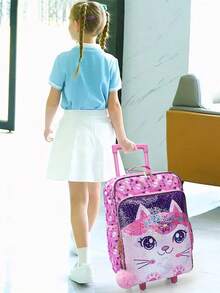 BLING BABIES Kids Rolling Luggage, With Wheels, Sequin Material, Dual Pink Cat Pattern, With Glow-In-The-Dark Feature, Elementary School Cabin Suitcase, Suitable For Weekend Getaways And Travel - Pink - View 9