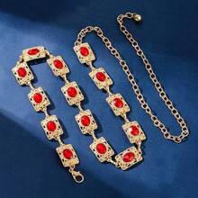 Luxury Gold Patterned Red Rhinestone Square Plate Waist Chain, Hollow Decor Delicate Chain Waist Belt, Formal Dress, Evening Gown, Black Dress Waist Accessory, Gold & Red Focal Retro Style Waist Decor, Suitable For Dresses, Formal Occasions, Weddings, Parties, Festivals, Zinc Alloy With Shiny Palace Style