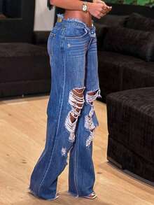 Jeans rectos con efecto desgastado sexy para mujer, casuales para primavera - Azul lavado oscuro - Ver 5