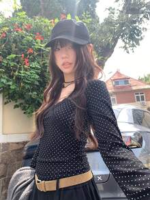 韩版简约波点长袖T恤搭配蕾丝边上衣 - 黑色 - 查看 4