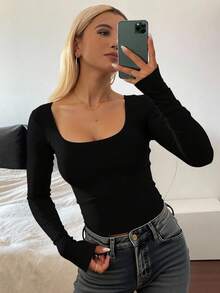 Livesso Women's Solid Color Large Round Neck Slim Fit T-Shirt,Fall Clothes Long Sleeve Women Tops Crop Top - Black - View 6