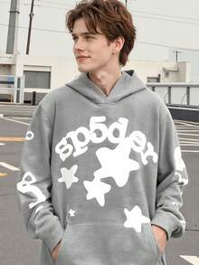 Fashion Street Hoodie - Playful Star And Letter Print, Loose Casual Style, Ideal For Daily Sports And Streetwear - 灰色 - 查看 2